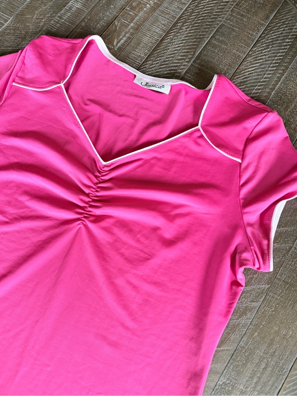 Jessica Hot Pink Y2K Ruched Collared Top